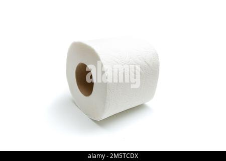 Single toilet paper roll isolated on white background Stock Photo