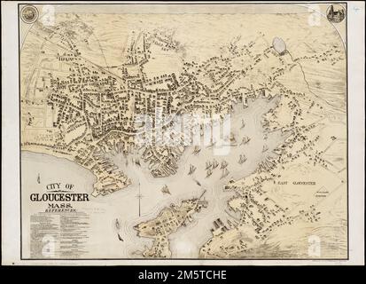 City of Gloucester, Mass. Bird's-eye view. Indexed for points of reference.. Gloucester was established as a town in 1642. By the middle of the 18th century it was an important ship building center, especially known for its schooners. It also developed a major fishing industry, as the town's fishermen exploited the resources of the Grand Banks off the coast of Nova Scotia and Newfoundland. These activities continued to be important throughout the 19th century. Viewed from a conventional cartographic perspective with north at the top of the sheet, this late 19th century drawing is dominated by Stock Photo