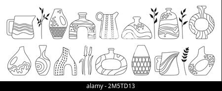 Vase shape and ceramic pot, jug or jar bottles linear doodle set. Cozy home decor handmade boho outline pottery and branch leaves. Antique various vases, hand drawn contour vessel. Trendy vector Stock Vector