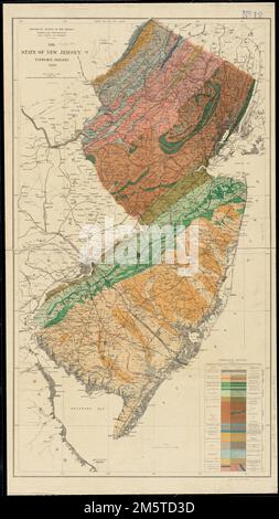 The state of New Jersey : economic geology. Iron mines are shown in red. 'George H. Cook, State Geologist.' Includes 'Geological section showing the formations of New Jersey in order, and their equivalent soils.' From: Annual report of the state geologist for the year 1879... Economic geology. Economic geology, New Jersey Stock Photo