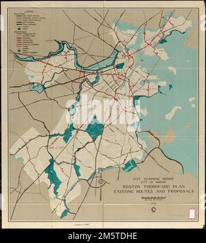 Boston thorofare plan existing routes and proposals.. From a comprehensive plan of main traffic arteries in Boston. Shows existing traffic routes, parkways, ferries, parks; and proposed traffic routes, building lines, parkways, overpasses, underpasses, elevated roadways, tunnels, ferries, parks, and project numbers... , Massachusetts  , Suffolk  ,county   , Boston Stock Photo