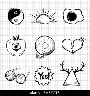 Monotone funky icon vector doodle cartoon sticker set Stock Vector