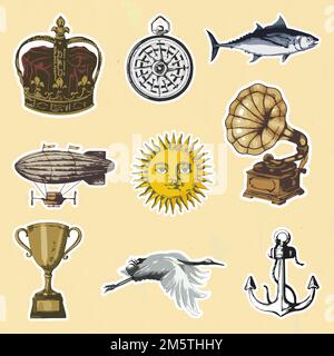 Vectorized object sticker with a white border set Stock Vector