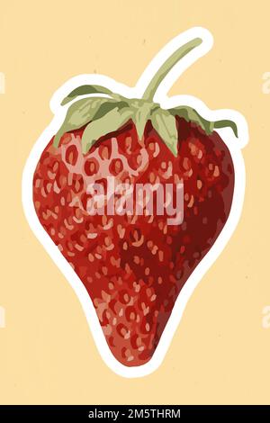 Vectorized strawberry fruit sticker overlay with a white border on a beige background Stock Vector