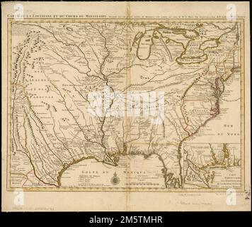 Carte de la Louisiane et du cours de Mississipi. Relief shown pictorially. Bar graph (33/8') 'Echelle de cent lievres Francoises.' Hand colored. Inset: Carte particuliere des embouchures de la riviere S. Louis et de la Mobile. Scale ca. 1:2,376,000.... , Mississippi River Louisiana Stock Photo