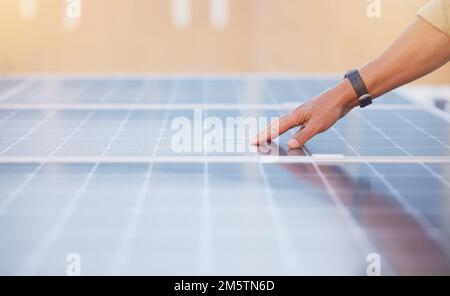 Solar energy, sustainability or hand on solar panels for quality control or quality assurance in an inspection. Innovation, man or engineer working on Stock Photo