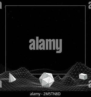 Gray geometric shapes on a wireframe wave background vector Stock Vector
