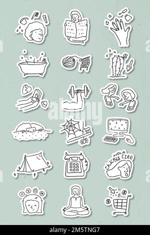 Activities at home doodle style sticker vector set Stock Vector