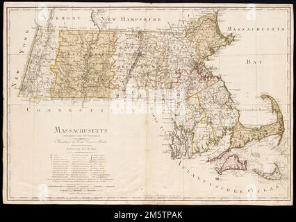 Massachusetts. Relief shown by hachures. Depths shown by soundings. Also shows county boundaries. Place names in German and English. 'Zu Ebelings Erdbeschreibung von Amerika.' Prime meridians: Greenwich and Washington. Atlas plate: No. III... Erdbeschreibung von Amerika. Erdbeschreibung von Amerika, Massachusetts Stock Photo