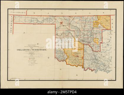 Map of Oklahoma Territory. Relief shown by shading. Shows roads, trails, railroads (proposed and contructed), U.S. land offices, and townships not subdivided. Map shows organized incorporated Oklahoma territory and Indian territory from 1890 before Oklahoma was admitted as a state. At head of title: Department of the Interior, General Land Office, Hon. S.W. Lamoreux, commissioner. Prime meridians: Washington and Greenwich.... , Oklahoma Stock Photo