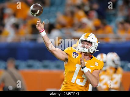 December 30, 2022: Tennessee Volunteers quarterback GASTON MOORE (13) throws the ball during the 2022 NCAA Capital One Orange Bowl game between the Tennessee Volunteers and the Clemson Tigers at Hard Rock Stadium in Miami Gardens, FL on December 30, 2022. (Credit Image: © Cory Knowlton/ZUMA Press Wire) Credit: ZUMA Press, Inc./Alamy Live News Stock Photo