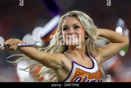 December 30, 2022: A Clemson cheerleader cheers during the 2022 NCAA Capital One Orange Bowl game between the Tennessee Volunteers and the Clemson Tigers at Hard Rock Stadium in Miami Gardens, FL on December 30, 2022. (Credit Image: © Cory Knowlton/ZUMA Press Wire) Credit: ZUMA Press, Inc./Alamy Live News Stock Photo