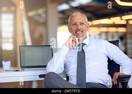 Successful entrepreneurs have a strong inner drive. Portrait of a mature businessman sitting at his desk in an office. Stock Photo