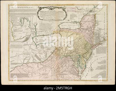 A general map of the middle British colonies in America, viz. Virginia, Maryland, Delaware, Pensilvania, New-Jersey, New York, Connecticut & Rhode-Island : of Aquanishuonigy the country of the confederate Indians comprehending Aquanishuonigy proper, their places of residence, Ohio & Thuchsochruntie their deer hunting countries, Couchsachrage & Skaniadarade their beaver hunting countries, of the Lakes Erie, Ontario and Champlain : wherein is also shewn the antient & present seats of the Indian nations. Relief shown pictorially. Hand colored. Shows 'West longitude from London' and 'from Philadel Stock Photo