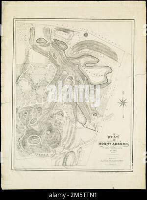 Plan of Mount Auburn. Oriented with north toward the upper left. Relief shown by shading. 'The dotted lines show the Proposed Paths & Avenues, also the diminished size of the ponds.'... , Massachusetts  , Middlesex  ,county   , Cambridge Massachusetts  , Middlesex  ,county   , Watertown Mount Auburn Cemetery Stock Photo