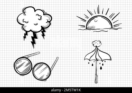 Funky doodle weather icon vector cartoon sticker set Stock Vector