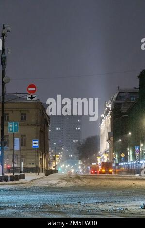 Moscow, Russia - December 27, 2022: Cold and deserted Moscow street on a snowy winter evening Stock Photo