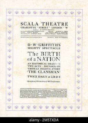 Inside Title Page from original release British programme for Scala Theatre in London for THE BIRTH OF A NATION 1915 director D.W. GRIFFITH novel / play Thomas Dixon Jr. David W. Griffith Corp. / Epoch Producing Corporation Stock Photo
