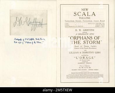 Inside pages of Programme for the New Scala Theatre in London with Title Page and on other page fixed in autograph of D.W. GRIFFITH  given on the First Night showing in 1922 of LILLIAN and DOROTHY GISH in ORPHANS OF THE STORM (1921) director D.W. GRIFFITH D.W. Griffith Productions / United Artists Stock Photo