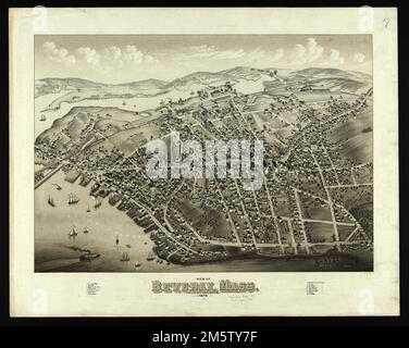 View of Beverly, Mass. Bird's-eye view. Indexed for points of interest. Colored in a sepia wash. Appears in J.G. Garver's Surveying the shore, historic maps of coastal Massachusetts, 1600-1930. Beverly, MA. 2006.... , Massachusetts  , Essex  ,county   , Beverly Stock Photo