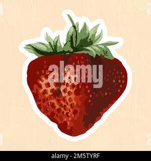Vectorized strawberry fruit sticker overlay with a white border on a beige background Stock Vector