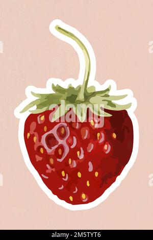 Vectorized strawberry fruit sticker overlay with a white border on a pink background Stock Vector
