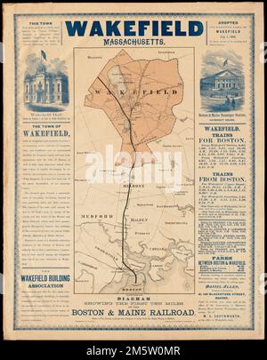 Wakefield, Massachusetts : diagram showing the first ten miles of the Boston & Maine Railroad. Covers area between Boston and Wakefield. 'Printed by Sargent & Lawrence.' Shows radial distances from State House in Boston. Includes text, train schedules, advertisements, and 2 views in margins.... , Massachusetts  , Suffolk  ,county   , Boston Massachusetts  , Middlesex  ,county   , Wakefield Stock Photo