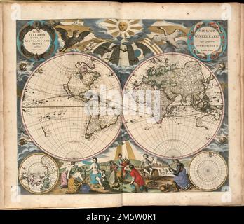 Orbis terrarum nova et accuratissima tabula. Double hemispherical map of the world. Appears in the author's De zee-atlas ofte water-wereld. t'Amsteldam: By Pieter Goos, 1672. Plate [1]. Cataloging, conservation, and digitization made possible in part by The National Endowment for the Humanities: Exploring the human endeavor.. Regions and Seasons: Allegorical figures of the seasons – both male and female – along with their characteristic symbols, are placed in the lower center of this double-hemisphere world map. Spring with her flowers sits near Summer with the Horn of Plenty, while “Old Man” Stock Photo