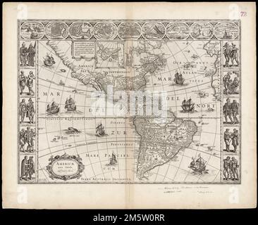 Americae nova tabula. Relief shown pictorially. Verso is blank. From Blaeu's Theatrum orbis terrarum. Amsterdami : Apud Ioannem Blaeu, [1655]. Includes ten vignettes of North and South American Indians along sides ; nine vignettes of cities along top. Cataloging, conservation, and digitization made possible in part by The National Endowment for the Humanities: Exploring the human endeavor. Part of composite portfolio atlas with title 'Collection of old maps.'.. Collection of old maps. Collection of old maps, North and Central America South America Mesoamerica  ,area  North America  ,area  Sout Stock Photo