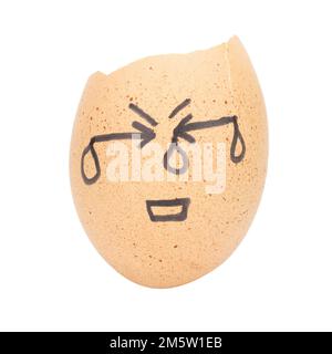egg broken face sad man concept isolated on white background. Stock Photo