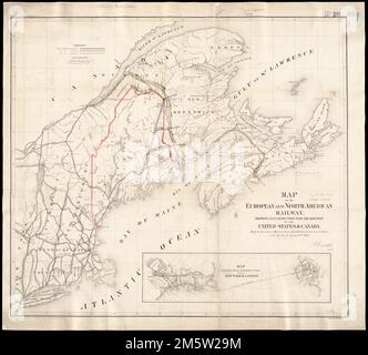 Map of the European and North American Railway, showing its connection with the railways of the United States & Canada; made by direction of His Excellency John Hubbard, Governor of Maine under the resolve of Aug. 20th 1850. Inset: Map showing the plan for shortening the transit between New York & London. 12 x 42 cm.. Shows New England, eastern New York, and the Maritime Provinces. Gives completed, in progress, and proposed railroads. Indicates drainage, state boundaries, and larger cities. Slightly different edition, engraved by B.W. Thayer & Co., Boston, accompanies Morton's Report on the Su Stock Photo