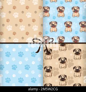 Set with seamless patterns. Cartoon Pugs and paws. Stock Vector