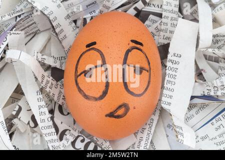 egg face sleepy on newspapers recycle. Stock Photo