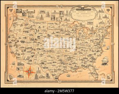 The United States of America. Pictorial map showing points of interest and selected buildings. Relief shown pictorially.... , United States Stock Photo