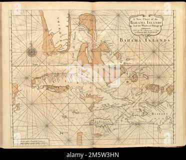 A new chart of the Bahama Islands and the Windward Passage. Relief shown pictorially. Depths shown by soundings. In the English pilot, the fourth book. London : Printed for William Mount and Thomas Page, 1737.... , Bahamas West Indies Stock Photo