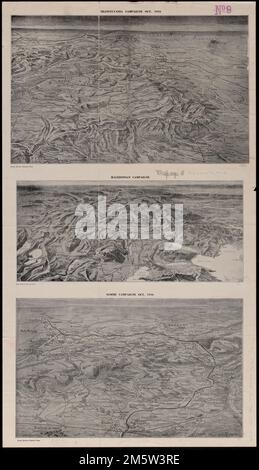 Transylvania campaigne Oct. 1916 ; Macedonian campaigne ; Somme Campaigne Oct. 1916. Bird's-eye views showing towns, railroads, boundaries, bodies of water and relief. View of the Somme campaigne also shows 'front avant l'offensive du 1er Juil,' 'front au 12 Juillet' and 'front au 2 Octobre 1916.' Relief shown by shading.... , Balkan Peninsula  ,area  Greece  , Macedonia  ,region  France Stock Photo