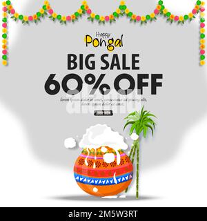 vector illustration of Happy Pongal greeting card background. Design with 60% Discount Illustration - Big Pongal Offer Design Background. Stock Vector