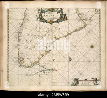 Paskaarte van Het Zuydelijckste van America van Rio de la Plata, tot Caap de Hoorn, ende inde Zuyd Zee, tot B. de Koquimbo. Map of the southern portion of South America, including Argentina and Chile. Appears in the authors De zee-atlas ofte water-wereld. t'Amsteldam : By Pieter Goos, 1672. Cataloging, conservation, and digitization made possible in part by The National Endowment for the Humanities: Exploring the human endeavor.... , Argentina Chile  , Magallanes y de la Antártica Chilena  ,region   , Magellan, Strait of Stock Photo