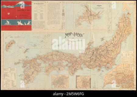 Map of Japan. Relief by hachures. Includes text about the Welcome Society, glossary, statistics and 7 insets. Insets: Taiwan -- Osaka -- Kyoto -- Ogasawara-jima -- Tokyo -- Hokkaido -- Chishima. Advertisements on verso. Edition statement from cover. In English. Some text in Japanese... Latest map of Japan for travellers. Latest map of Japan for travellers, Japan Stock Photo