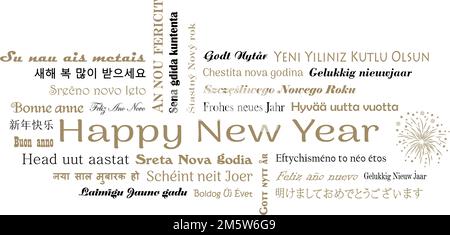 Happy New Year vector lettering. European languages, Chinese, Japanese, Hindi, Korean. With firework in black and gold. All text is Happy New Year. Stock Vector