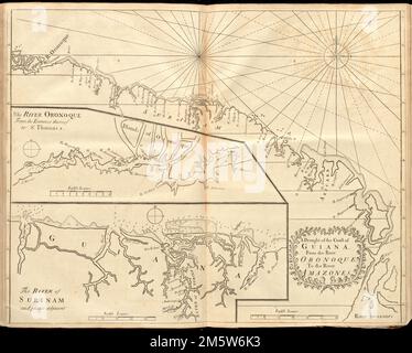 A draught of the coast of Guiana, from the river Oronoque to the river Amazones. Depths shown by soundings. Insets: The river Oronoque from the entrance thereof to St. Thomas's -- The river of Surinam and places adjacent. In the English pilot, the fourth book. London : Printed for William Mount and Thomas Page, 1737.... , French Guiana  ,territory  Guyana Suriname Stock Photo