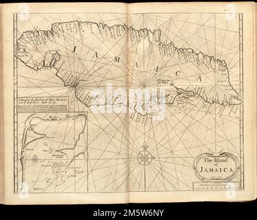 The island of Jamaica. Depths shown by soundings. Inset: A draft of the harbor of Port Royall and of all ye kees: latt: 17d: 50. In the English pilot, the fourth book. London : Printed for William Mount and Thomas Page, 1737.... , Jamaica Jamaica  , Kingston  ,county   , Port Royal Stock Photo