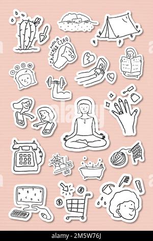 Activities at home doodle style sticker vector set Stock Vector
