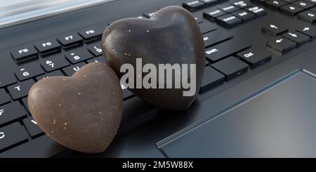 Chocolate Candy heart shape on laptop keyboard background. Valentine day celebration, temptation message for sweet memory. 3d render Stock Photo