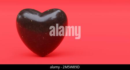 Glossy Chocolate Heart shape on red background. Valentine day celebration, love symbol. Sweet memory concept. Empty, copy space. 3d render Stock Photo