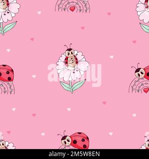 Seamless pattern with ladybug on flower and on rainbow on pink background with hearts. Vector illustration. Endless background for kids collection, va Stock Vector