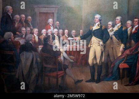 Washington DC, USA. 30th Dec, 2022. Washington, United States Of America. 30th Dec, 2022. A painting entitled “General George Washington Resigning His Commission” in the US Capitol Rotunda. 19 people in this painting have been identified as having been enslavers. Paintings of important moments in US history and sculptures of historic figures are on display, paying tribune to enslavers and Confederates at the US Capitol in Washington, DC, Friday, December 30, 2022. Credit: Rod Lamkey/CNP/Sipa USA Credit: Sipa USA/Alamy Live News Credit: Sipa USA/Alamy Live News Stock Photo