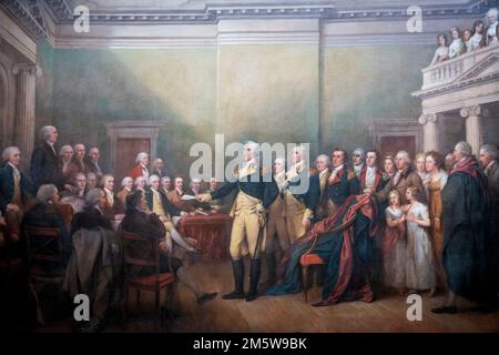 Washington DC, USA. 30th Dec, 2022. Washington, United States Of America. 30th Dec, 2022. A painting entitled “General George Washington Resigning His Commission” in the US Capitol Rotunda. 19 people in this painting have been identified as having been enslavers. Paintings of important moments in US history and sculptures of historic figures are on display, paying tribune to enslavers and Confederates at the US Capitol in Washington, DC, Friday, December 30, 2022. Credit: Rod Lamkey/CNP/Sipa USA Credit: Sipa USA/Alamy Live News Credit: Sipa USA/Alamy Live News Stock Photo