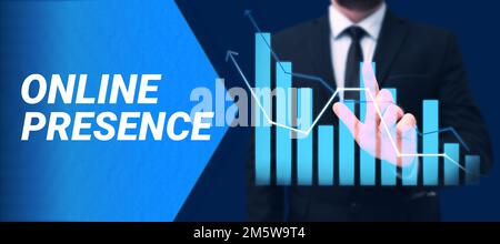Conceptual caption Online Presence. Word for existence of someone that can be found via an online search Stock Photo