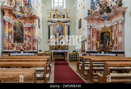 interior of the Calvary church of the Holy Cross above Saint Michael- Eppan (San Michele Appiano), Bolzano , Trentino Alto Adige, South Tyrol, Stock Photo